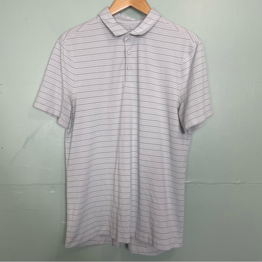 Lululemon Polo Short Sleeve Stripped Size Large Gray Blue
